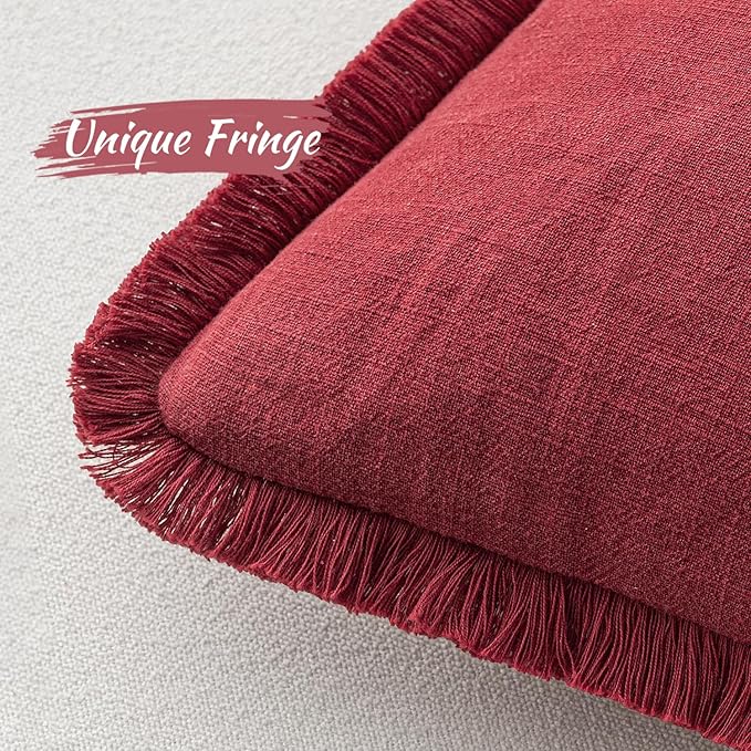 MIULEE Christmas Decorative Throw Pillow Covers Neutral Linen Fringe Throw Pillows Euro Shams Set of 2 Burgundy Boho Farmhouse Cushion Covers for Couch Sofa Bed Living Room Home Decor 22x22 Inch