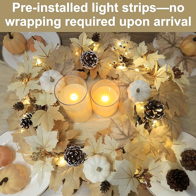 Fall Wreath with Lights 22 Inch - Fall Wreaths for Front Door Thanksgiving Halloween with Fall Home Decorations Autumn Wreath for Indoor Outdoor Wall Festival Decor