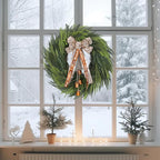 Real Touch Norfolk Pine Wreath for Front Door, 24'' Christmas Wreaths with Bow & Bells, Large Faux Cedar Pine Green Wreath for Wall Window Home Farmhouse Decorations Outdoor Indoor
