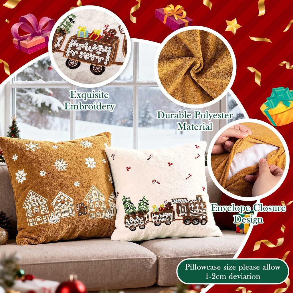 Lanpn 16x16 Christmas Pillow Covers Set of 2, Embroidery Gingerbread Man House Decorative Holiday Pillowcase Pillow Case Cushion 16 x 16 for Indoor Home Bedroom Sofa Couch Xmas Decor