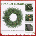 24 Inch Pine Wreath Christmas Wreaths for Front Door, Real Touch Pine Wreath with White Berries Artificial Green Wreaths for Walls Windows Porches Farmhouse Indoor Outdoor Home Decor