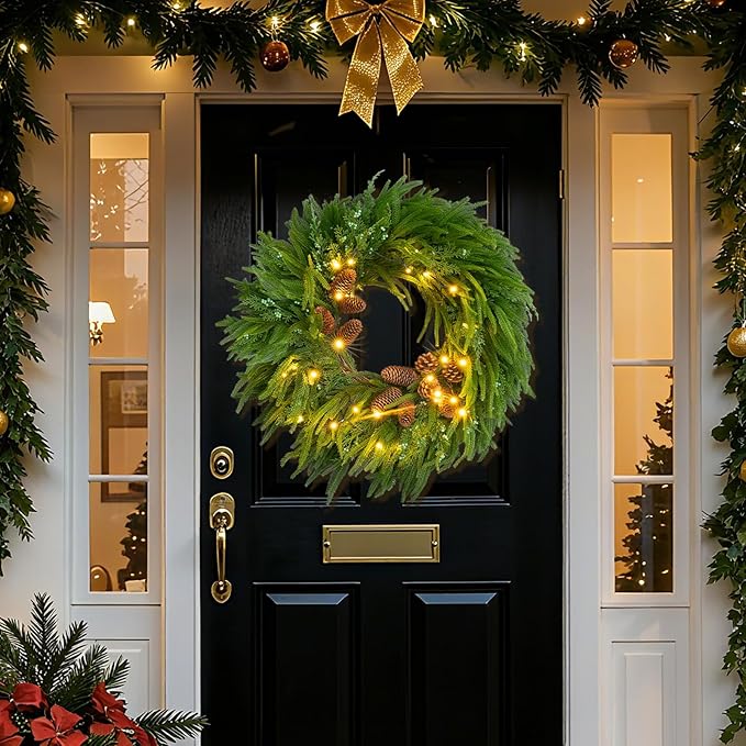 24 Inch Real Touch Norfolk Pine Wreaths for Front Door, Soomeir Artificial Christmas Wreath Green Faux Pine Wreath for Wall Windows Mantle Outdoor Christmas Decoration