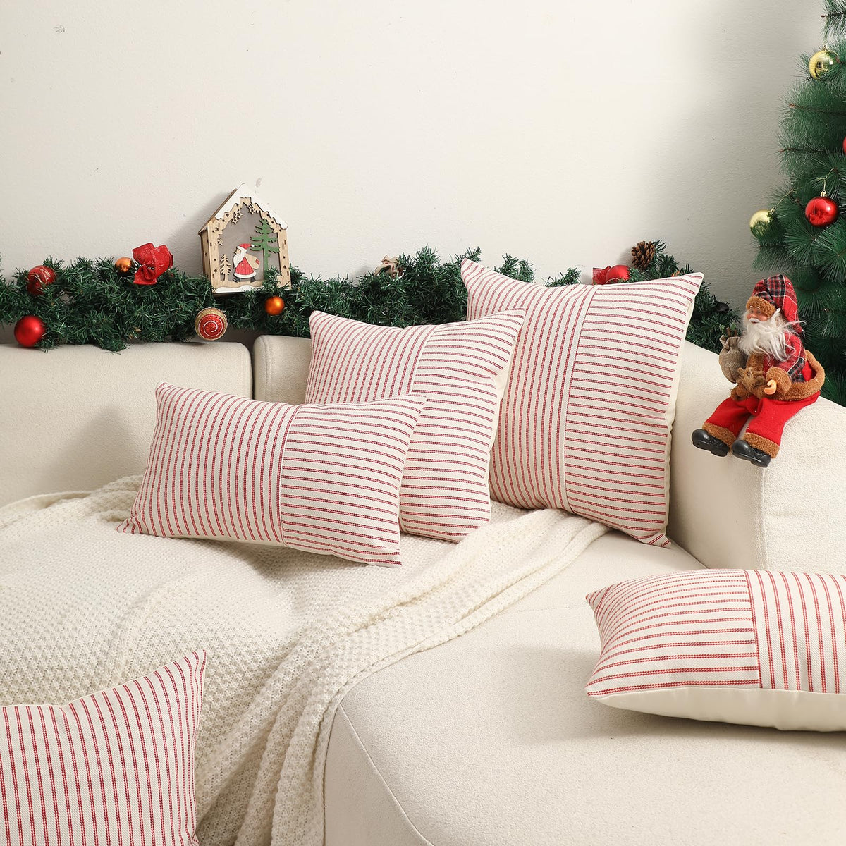 Hckot Christmas Farmhouse Pillow Covers 20x20, Red Throw Pillow Covers Set of 2, Striped Linen Decorative Pillows Cushion Covers for Couch Chair Beding Xmas Winter Decorations(Red)