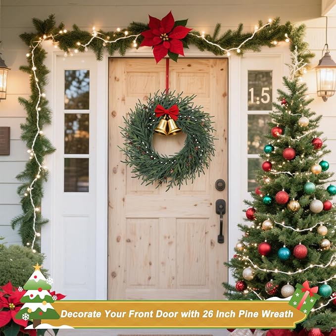 Artgar 26 Inch Pine Wreath - Christmas Wreaths for Front Door - Real Touch Pine Wreath with Pinecones Berries - Large Artificial Green Wreaths for Home Wall Window Porch Farmhouse Outdoor Xmas Decor