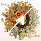 Fall Wreaths for Front Door 24 Inch Thanksgiving Autumn Wreath with Artificial Pumpkin Eucalyptus Sunflower Leaves Harvest Halloween Decorations Porch Farmhouse Outdoor Indoor Home Hanging Decor