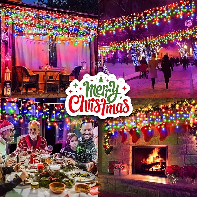 50FT 480 LED Christmas Lights Outdoor Decorations with 90 Drops Timer 8Mode Curtain String Lights Waterproof Plug in Fairy Lights for Indoor,Xmas,Party,Patio,Window,Fence,Trees Decor(Multicolor)
