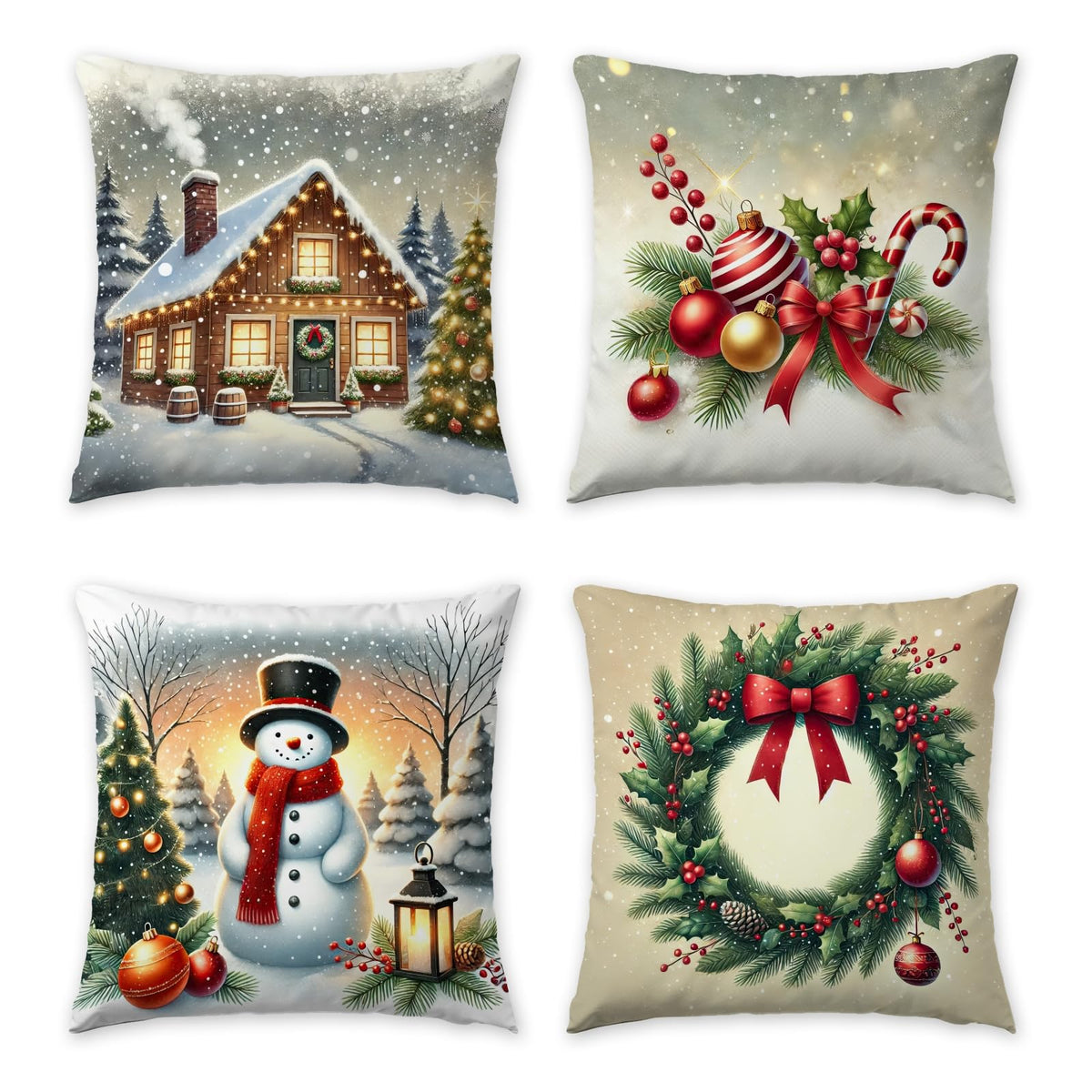 HDVUHKI Christmas Pillow Covers 18x18 inch Set of 4, Holiday Winter Outdoor Vintage Tree Snowflake Xmas Snowman Neutral Farmhouse Gold Seasonal Burlap Decorations for Sofa Couch