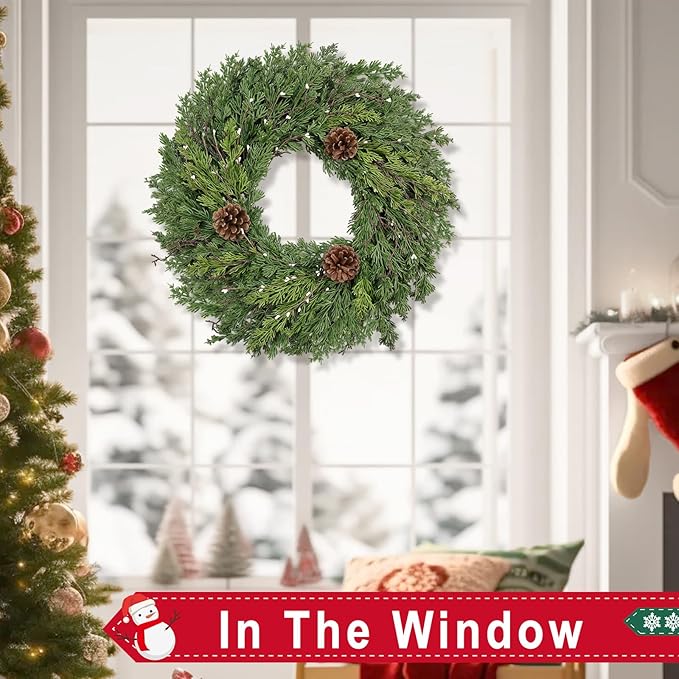 24 Inch Real Touch Lush Christmas Wreaths for Front Door with White Berries/Pine Cone Outdoor Christmas Decorations Winter Wreath Cypress Wreath for Windows Indoor Outside Xmas Home Decor Holiday