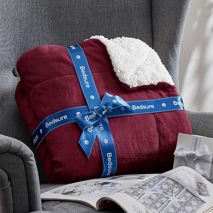 Bedsure GentleSoft Sherpa Fleece Throw Blanket Twin Size for Couch - Thick and Warm Throw for Women, Soft Fuzzy Plush Twin Christmas Blanket for Winter, Burgundy, 60x80 Inches