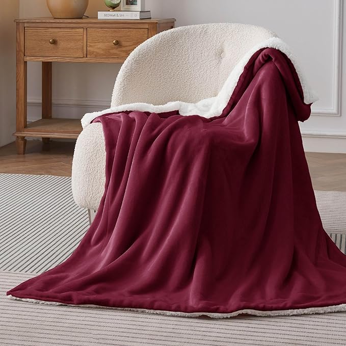 Bedsure GentleSoft Sherpa Fleece Throw Blanket Twin Size for Couch - Thick and Warm Throw for Women, Soft Fuzzy Plush Twin Christmas Blanket for Winter, Burgundy, 60x80 Inches