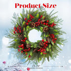 24 Inch Christmas Wreath with Red Berries, Pinecones and Greenery – Artificial Holiday Front Door Cedar Wreath for Farmhouse, Winter Indoor Outdoor Xmas Home Décor