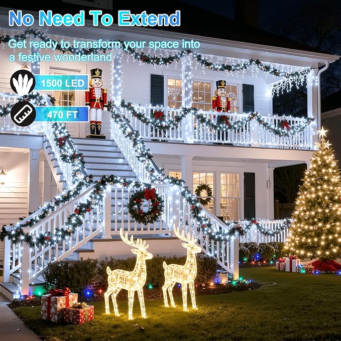 1500LED Christmas Lights Outdoor Use, 470ft 12 Modes Cool White LED String Lights with Timer Dimmable, Waterproof Christmas Lights for Tree Wedding Xmas Patio Fence Balcony Garden Decor Cool White