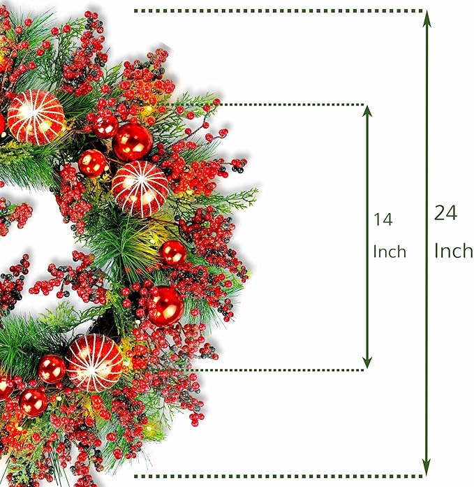 YULETIME 24" Mixed Berries Christmas Wreath - Artificial Holiday Wreath with Red & Purple Frosted Berries, Green Cypress Branches & Pine Needles