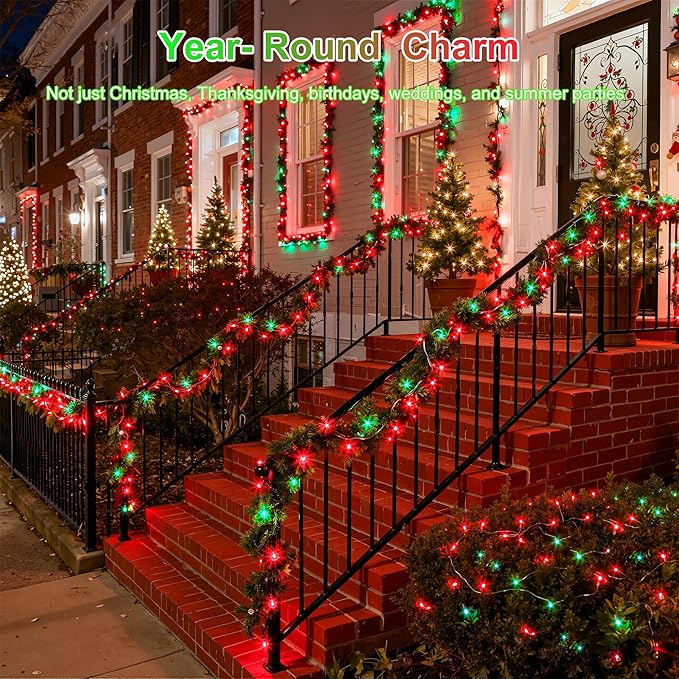 350LED Christmas Lights Indoor Outdoor, 90ft 12 Modes Red & Green LED String Lights with Timer Dimmable, Waterproof Christmas Tree Lights for Xmas Patio Yard Fence Balcony Garden Party Decor Red&Green
