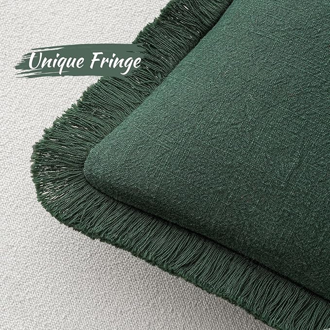 MIULEE Christmas Decorative Throw Pillow Covers Neutral Linen Fringe Throw Pillows Set of 2 Army Green Boho Farmhouse Cushion Covers with Tassels for Couch Sofa Bed Living Room Home Decor 20x20 Inch