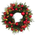 BIG 26" D Pre-lit Christmas Ornament Artificial Pine Wreath w 33 Red Balls Real Grapevine Base (35 LED Lights, 8 Flash Options) for Xmas Decor at Shop Home Front Door Living Room Wall Window (Battery)