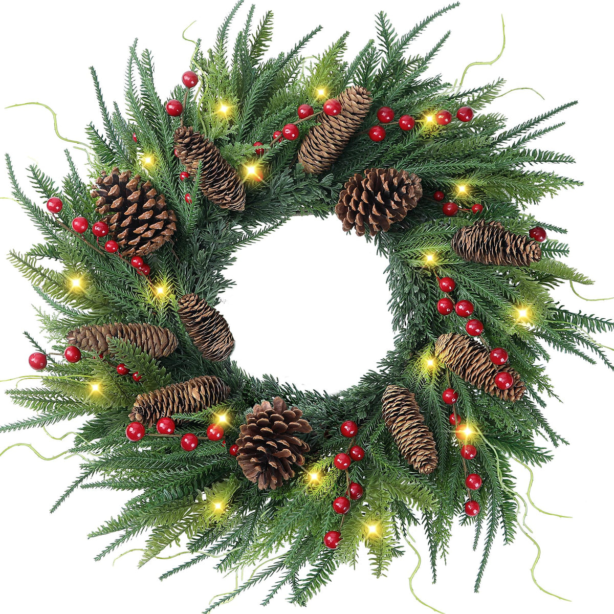 24’’ Real Touch Norfolk Pine Wreath Artificial Christmas Green Wreath for Front Door with Red Berries Pinecones Christmas Decorations for Winter Farmhouse Wall Indoor Outdoor Home Holiday Xmas Decor