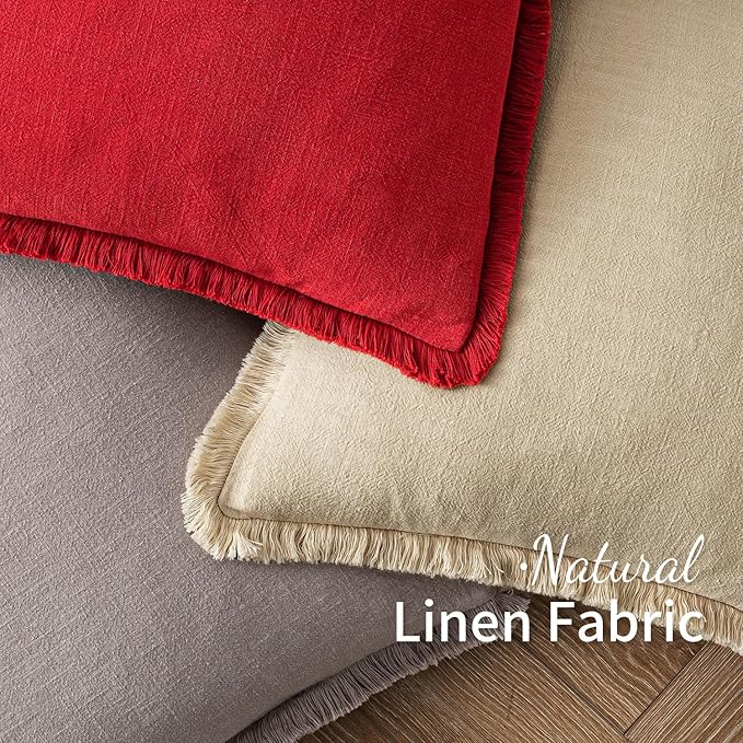 MIULEE Christmas Decorative Throw Pillow Covers Neutral Linen Fringe Throw Pillows Set of 2 Red Boho Farmhouse Cushion Covers with Tassels for Couch Sofa Bed Living Room Spring Home Decor 18x18 Inch