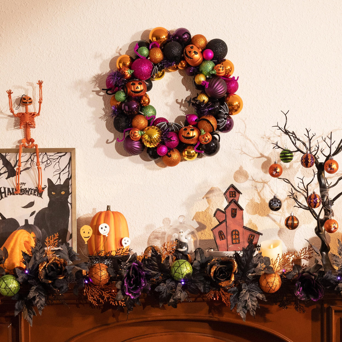Valery Madelyn Halloween Decorations Indoor for Home, Pre-Lit Pumpkin Ball Wreath with 60ct Shatterproof Treat-or-Trick Ornaments for Centerpiece Wall Front Door, 11.9 Inch