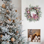 20" Christmas Wreaths for Front Door, Artificial Christmas Wreath Decoration with Lights, Winter Wreaths with Pine Cones,Bow,Balls Ornaments for Indoor Outdoor Home Decor (Pink)