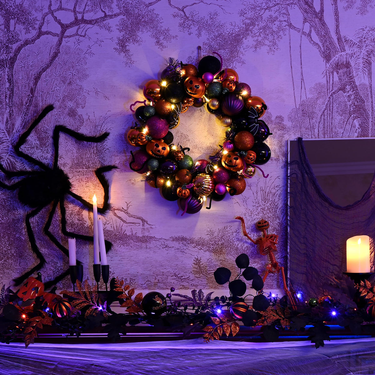 Valery Madelyn Halloween Decorations Indoor for Home, Pre-Lit Pumpkin Ball Wreath with 60ct Shatterproof Treat-or-Trick Ornaments for Centerpiece Wall Front Door, 20 Inch
