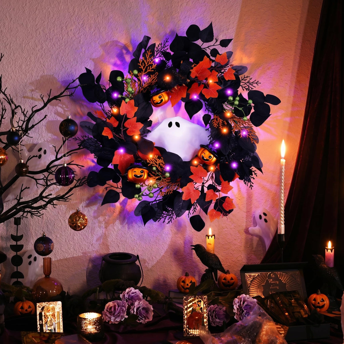 DecorbyHannah Voice Control Halloween Wreath with Lights for Front Door, 18 Inch Pre-Lit Ghost Jack-o'-Lantern Pumpkins Wreath Halloween Spooky Decorations for Home Porch Wall Indoor Outdoor Decor