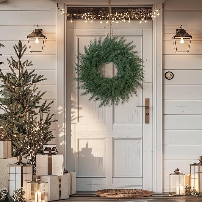 24 Inch Christmas Cedar Cypress Wreath – Artificial Greenery Wreath for Front Door, Farmhouse Holiday Winter Decor and Year-Round Indoor Outdoor Home Decoration