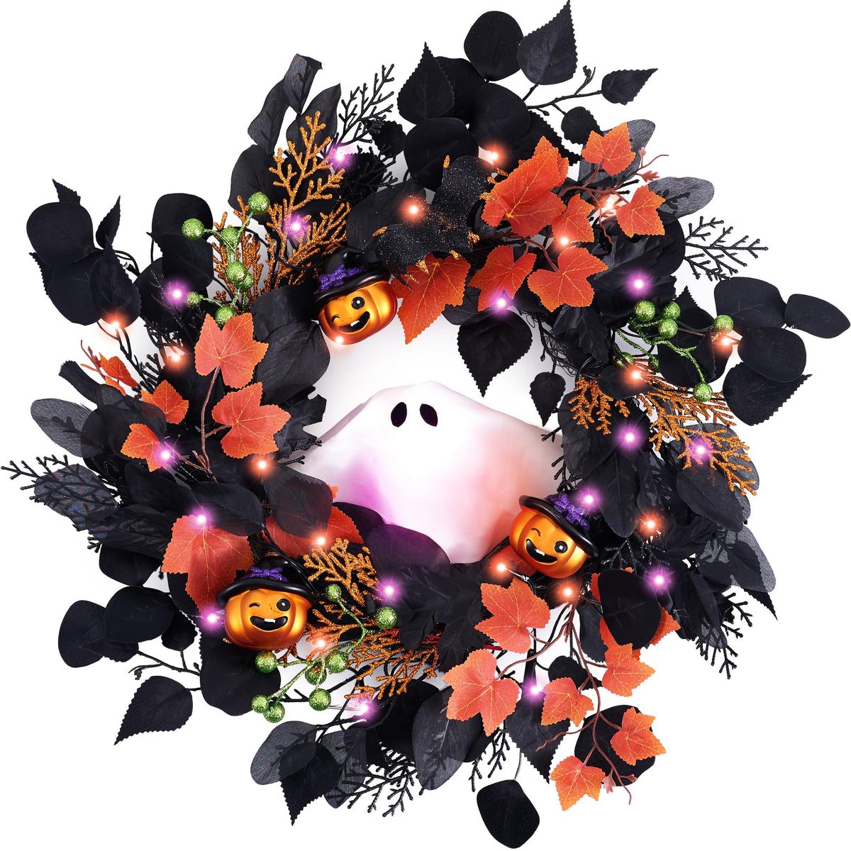 DecorbyHannah Voice Control Halloween Wreath with Lights for Front Door, 18 Inch Pre-Lit Ghost Jack-o'-Lantern Pumpkins Wreath Halloween Spooky Decorations for Home Porch Wall Indoor Outdoor Decor