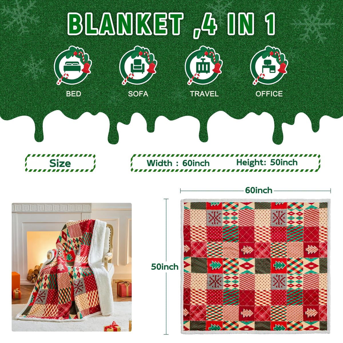 Nord ECO Christmas Throw Blanket, Christmas Decorations Gifts for Women, Sherpa Flannel Fleece Winter Holiday Blanket, Fluffy Cozy Soft Christams Throws for Couch Sofa Bed, ChristamsRhombus, 50" X 60"