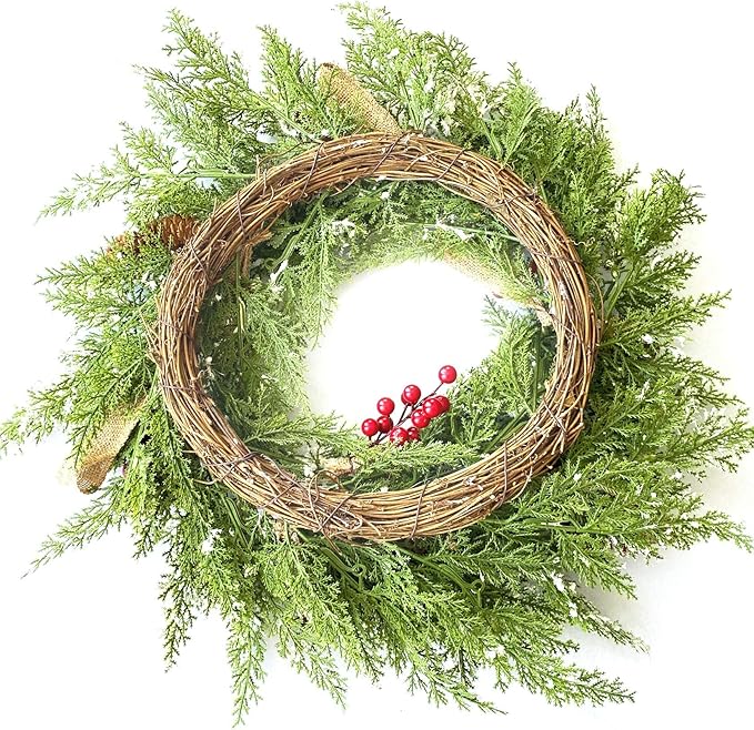 22” Artificial Christmas Door Wreath, Christmas Wreaths for Front Door, Winter Wreaths with Pine Cone, Red Berries, Burlap Ribbon & Snowflake, Holiday Outdoor Wreath Decorations