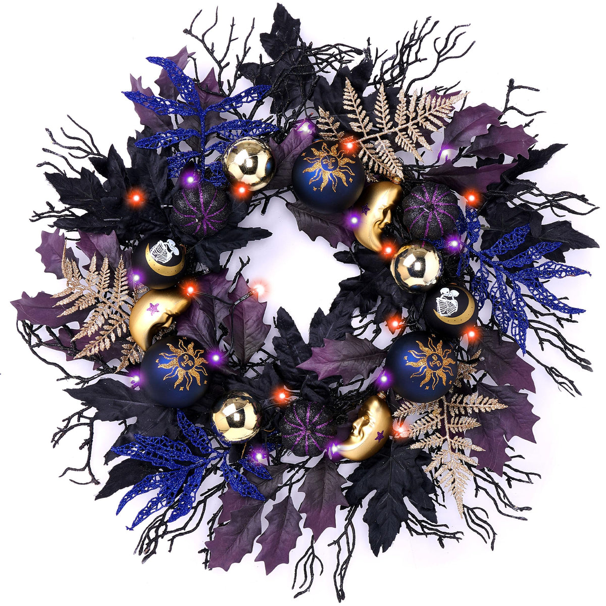 DecorbyHannahHalloween Wreath for Front Door, 24 Inch Collapsible Pre-lit Black Witch Pumpkins Wreath with Lights，Maple Leaves, Moon,Ball Ornaments and Timer for mantle Porch Wall Indoor Outdoor Decor