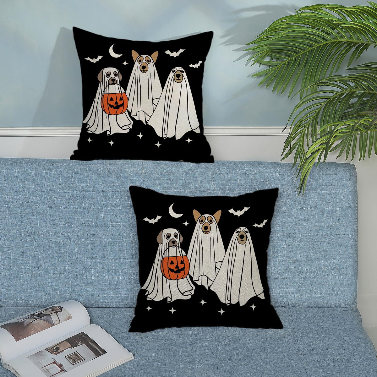 JEFERSO Halloween Pillow Covers 18x18 Inch Set of 2 Black White Dog Ghost Throw Pillows Fall Halloween Home Decorations Pillow Cases Autumn Holiday Linen Outdoor Decor Cushion Case for Couch Sofa