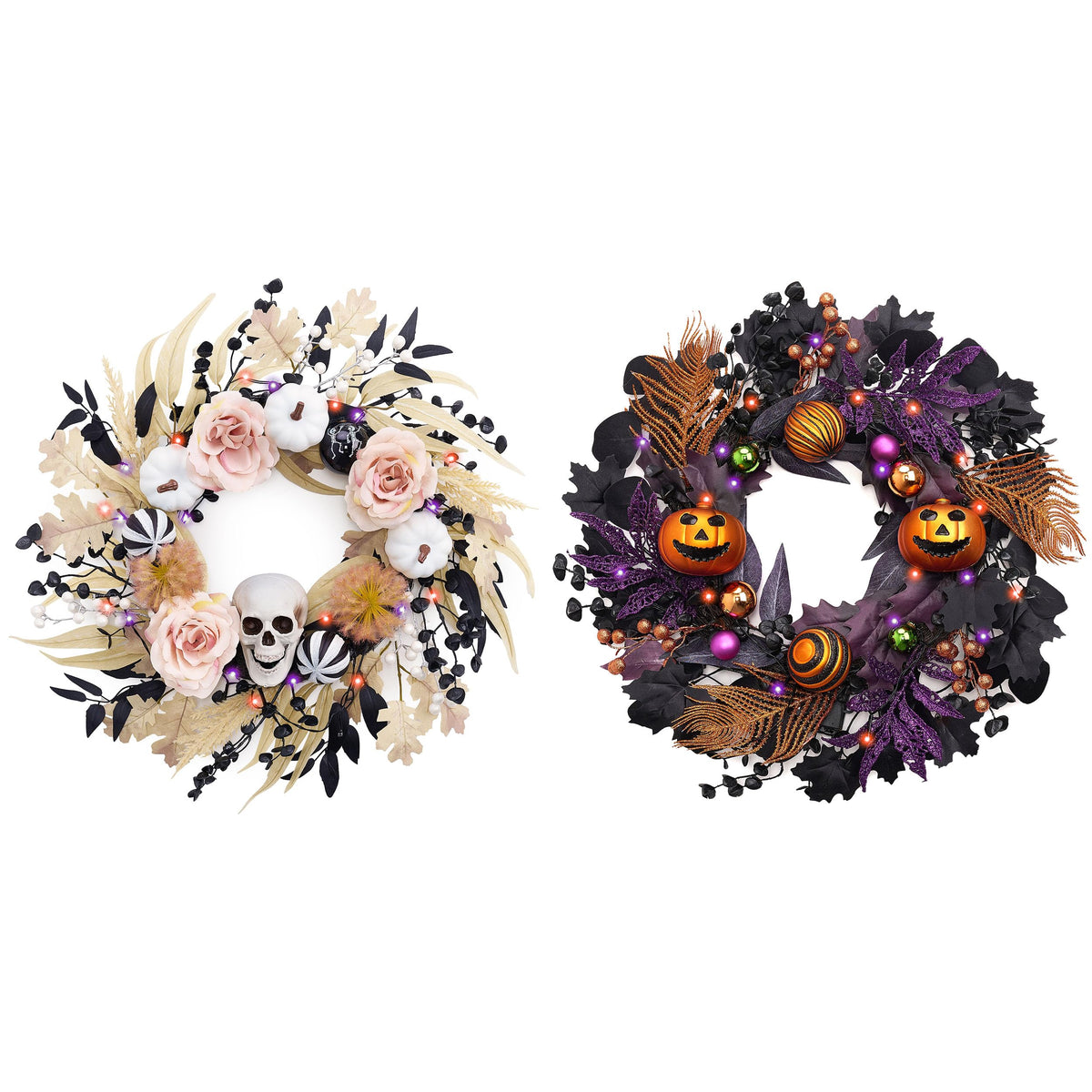 Valery Madelyn 18 Inch Halloween Wreath for Front Door with Lights, Pre-Lit Fall White Pumpkin Skull Wreath Pink Roses Halloween Decorations for Home Porch Table Centerpiece Party Holiday Autumn Decor