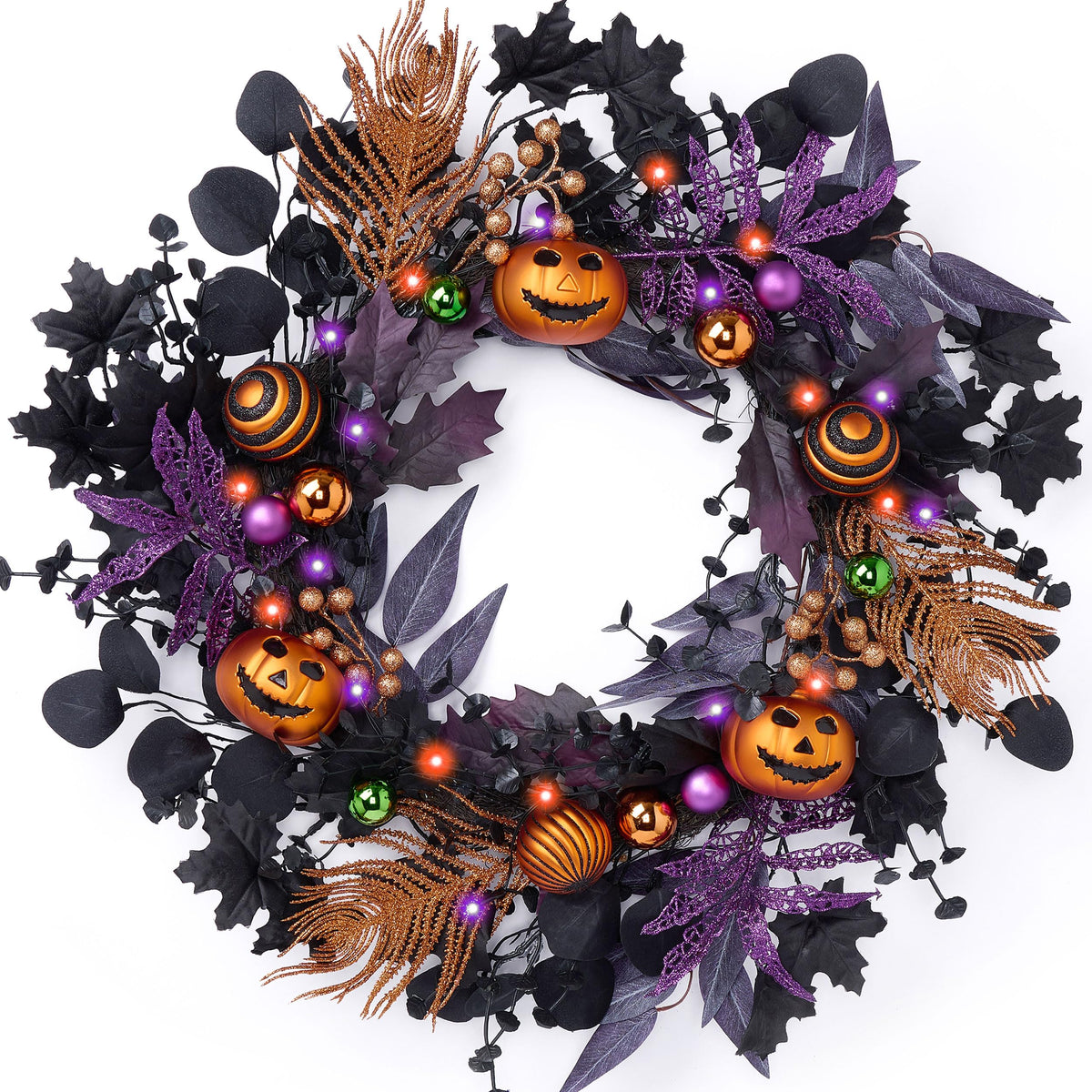 Valery Madelyn Collapsible Halloween Wreath for Front Door with Lights, 24 Inch Pre-Lit Jack-o'-Lantern Pumpkin Wreath Halloween Decorations for Centerpiece Window Indoor Party Holiday Wall Home Decor
