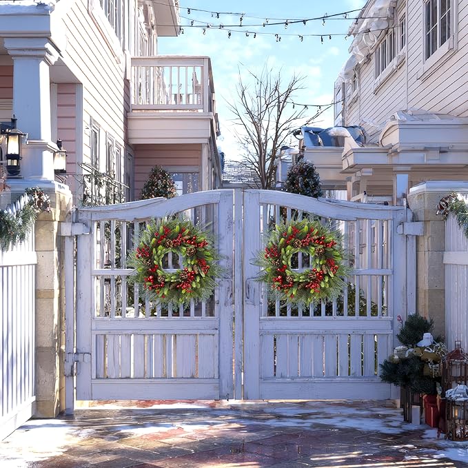 24 Inch Christmas Wreath with Red Berries, Pinecones and Greenery – Artificial Holiday Front Door Cedar Wreath for Farmhouse, Winter Indoor Outdoor Xmas Home Décor