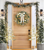24 inch Christmas Door Wreath, Large Pine Wreaths for Front Door with Champagne Bow Golden Ball Glittered Leaf Spray Stems Pinecones for Fireplace Xmas Decorations, Wall Window Indoor Outdoor Decor