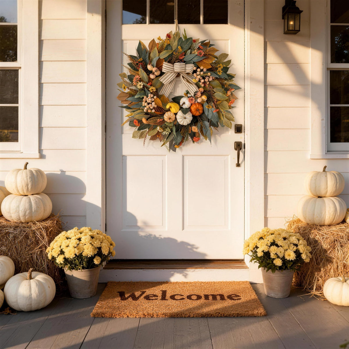 HipTree 24 Inch Fall Wreath for Front Door | Autumn Pumpkin Wreath with Eucalyptus Leaves, Frosted Berries & Striped Bow, Rustic Farmhouse Thanksgiving Decor for Indoor Outdoor Porch Wall Home