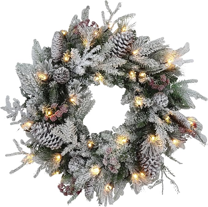 Large 28" D Pre-lit Christmas Snowy Artificial Pine Wreath w Super Big Pinecones, Succulents (35 LED Lights, 8 Flash Options) for Xmas Decor at Shop Home Front Door Living Room Wall Window (Battery)