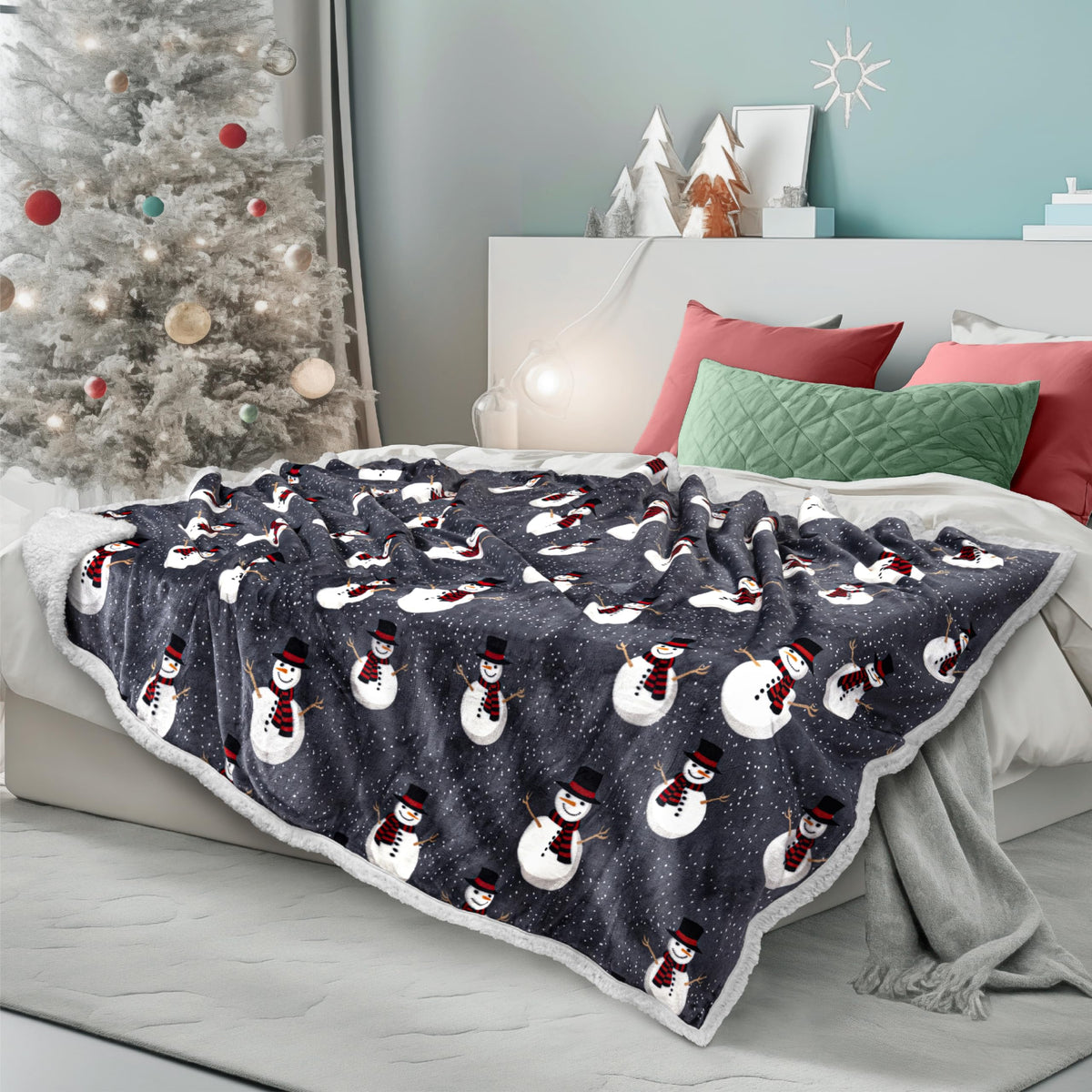 PAVILIA Premium Christmas Sherpa Throw Blanket, 50x60, Grey Snowman Cozy Fleece Holiday Blanket, Reversible Plush Winter Throw for Couch & Bed, Ultra Soft Warm