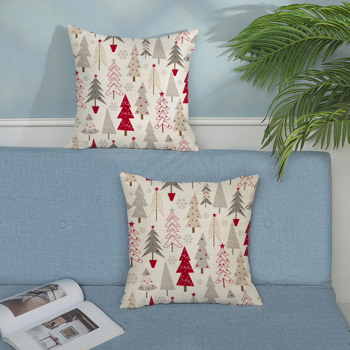 Christmas Pillow Covers 16x16 Set of 2 Christmas Decor Linen Pillowcase Geometric Colorful Christmas Tree Throw Pillows Winter Farmhouse Holiday Decorations Cushion Covers for Couch Home Sofa