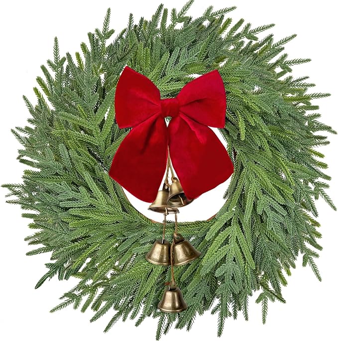 22 inch Norfolk Pine Wreath with Bow and Bell,Christmas Wreaths for Front Door,Artificial Real Touch Wreath for Door Wall Windows Mantle Outdoor Christmas Decoration