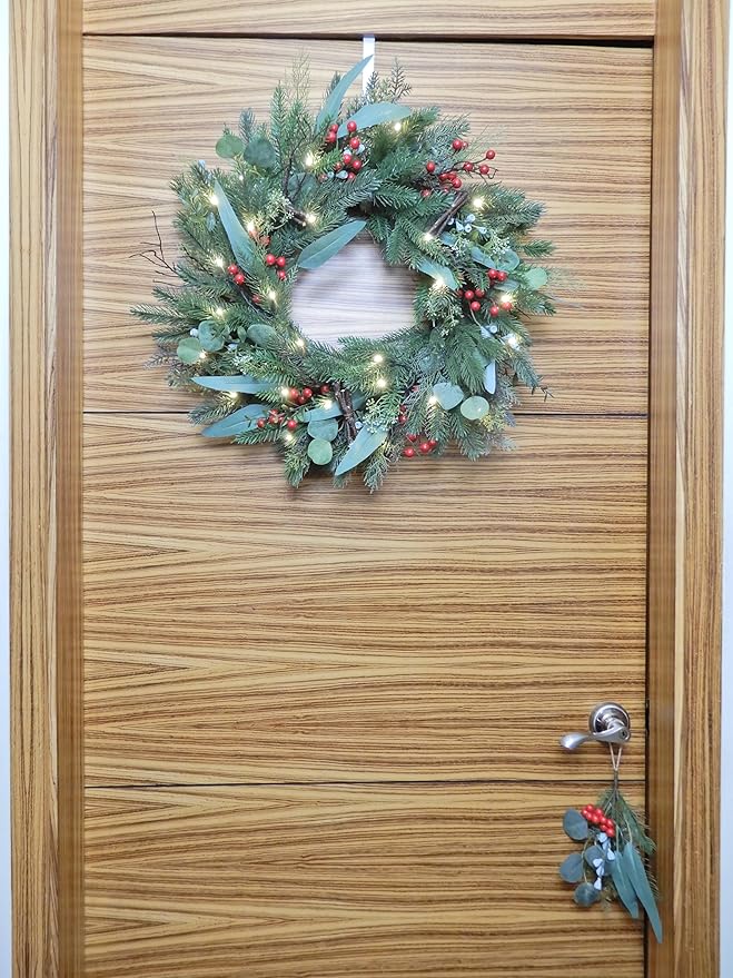 Big 26" D Pre-Lit Christmas Greenery Pine Wreath w Real Grapevine Base (35 Led Lights, 8 Flash Options) for Xmas Decoration: Shop Home Decor Front Door Living Room Wall Window (Battery)