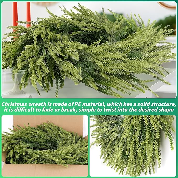 24 inch Norfolk Pine Wreath, Realistic Christmas Wreath for Front Door,Artificial Real Touch Green Wreath Greenery for Door Wall Windows Mantle Outdoor Christmas Decoration