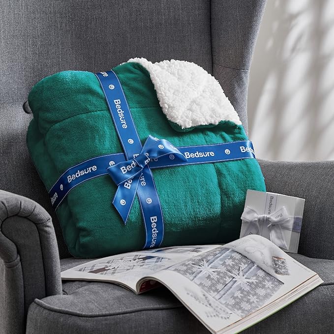 Bedsure GentleSoft Sherpa Fleece Throw Blanket Twin Size for Couch - Thick and Warm, Soft Fuzzy Plush Twin Christmas Blanket for Winter, Forest Green, 60x80 Inches