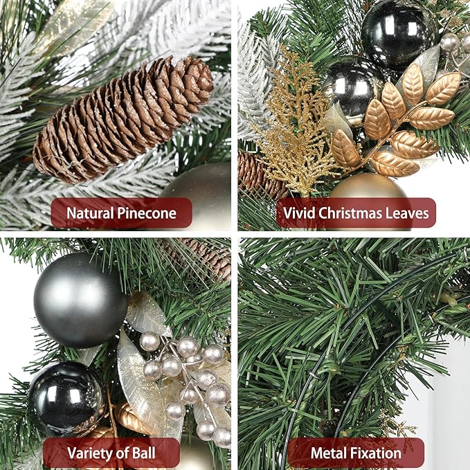 20 inch Christmas Door Wreath, Norfolk Pine Wreaths for Front Door with Silver Ball Glittered Leaf Spray Stems Pinecones Berries for Fireplace Xmas Decorations, Wall Window Indoor Outdoor Decor