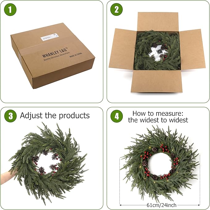 24" Artificial Christmas Wreath -Real Touch Norfolk Pine Wreath for Door,Wall,Windows,Indoor Outdoor -Christmas Wreaths for Front Door-Christmas Decorations-Holiday Decor-Free Battery LED Lights