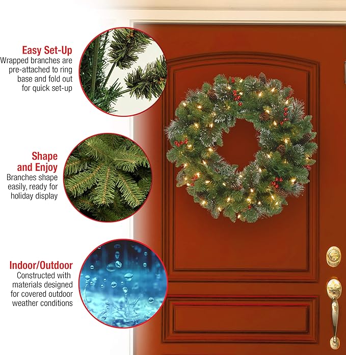 National Tree Company Pre-Lit Artificial Christmas Wreath, Green, Carolina Pine, White Lights, Decorated with Pine Cones and Glitter, Berry Clusters, Christmas Collection, 30 Inches