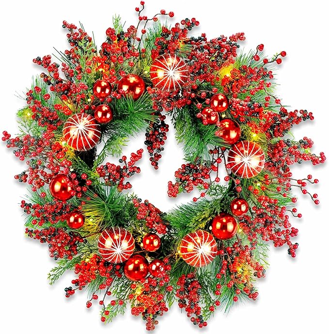 YULETIME 24" Mixed Berries Christmas Wreath - Artificial Holiday Wreath with Red & Purple Frosted Berries, Green Cypress Branches & Pine Needles