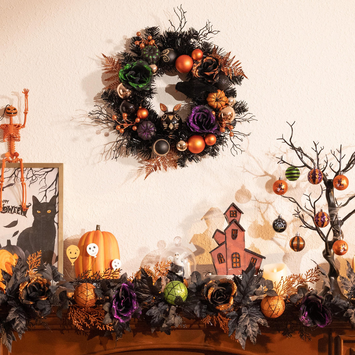 Valery Madelyn 24 Inch Halloween Wreath with Lights for Front Door, Collapsible Pre-Lit Wreath with Fake Crow Pumpkin Halloween Decorations for Home Wall Decor