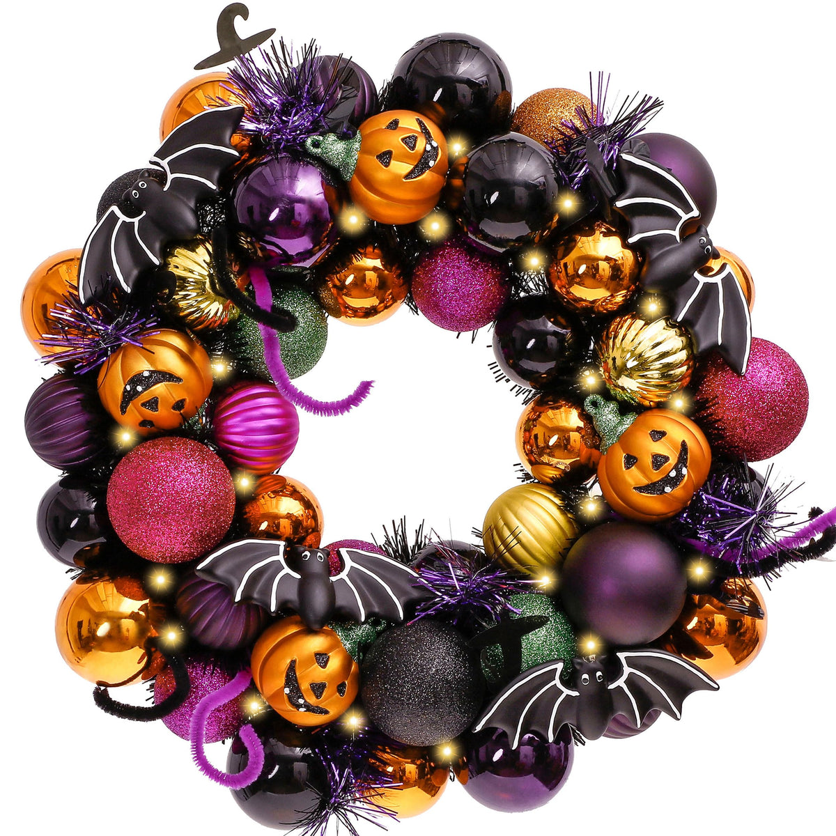 Valery Madelyn Halloween Decorations Indoor for Home, Pre-Lit Pumpkin Ball Wreath with 60ct Shatterproof Treat-or-Trick Ornaments for Centerpiece Wall Front Door, 11.9 Inch
